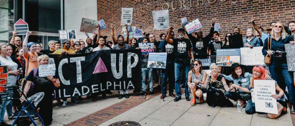 Safe Consumption Supporters rally outside federal court in Philadelphia. Photo by Holden Blanco.